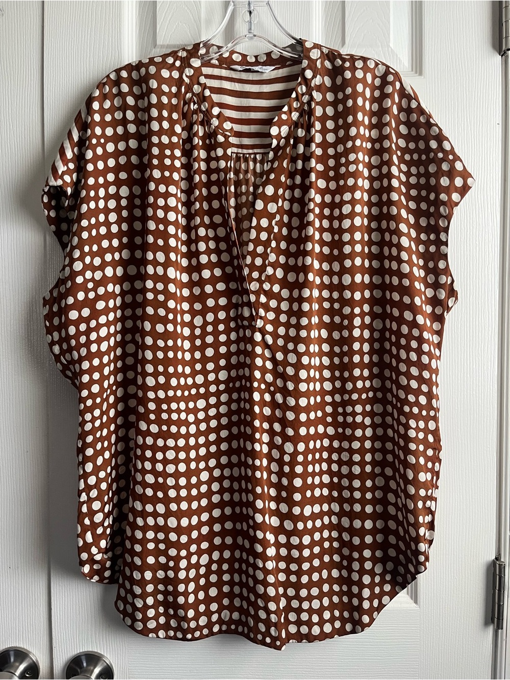 Loro Piana 100% Silk Polka Dot Blouse Rust White Dot Print Size US 12-14, IT 48